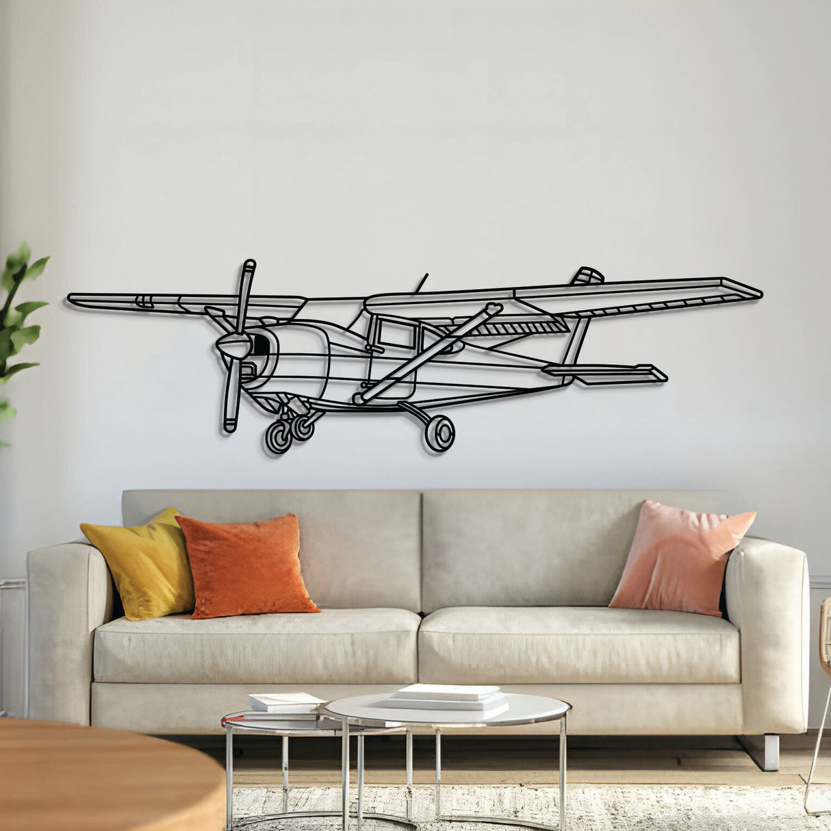 182 Skylane front-angle metal aircraft wall art, laser-cut 2 mm steel with matte powder coat and floating 3D effect