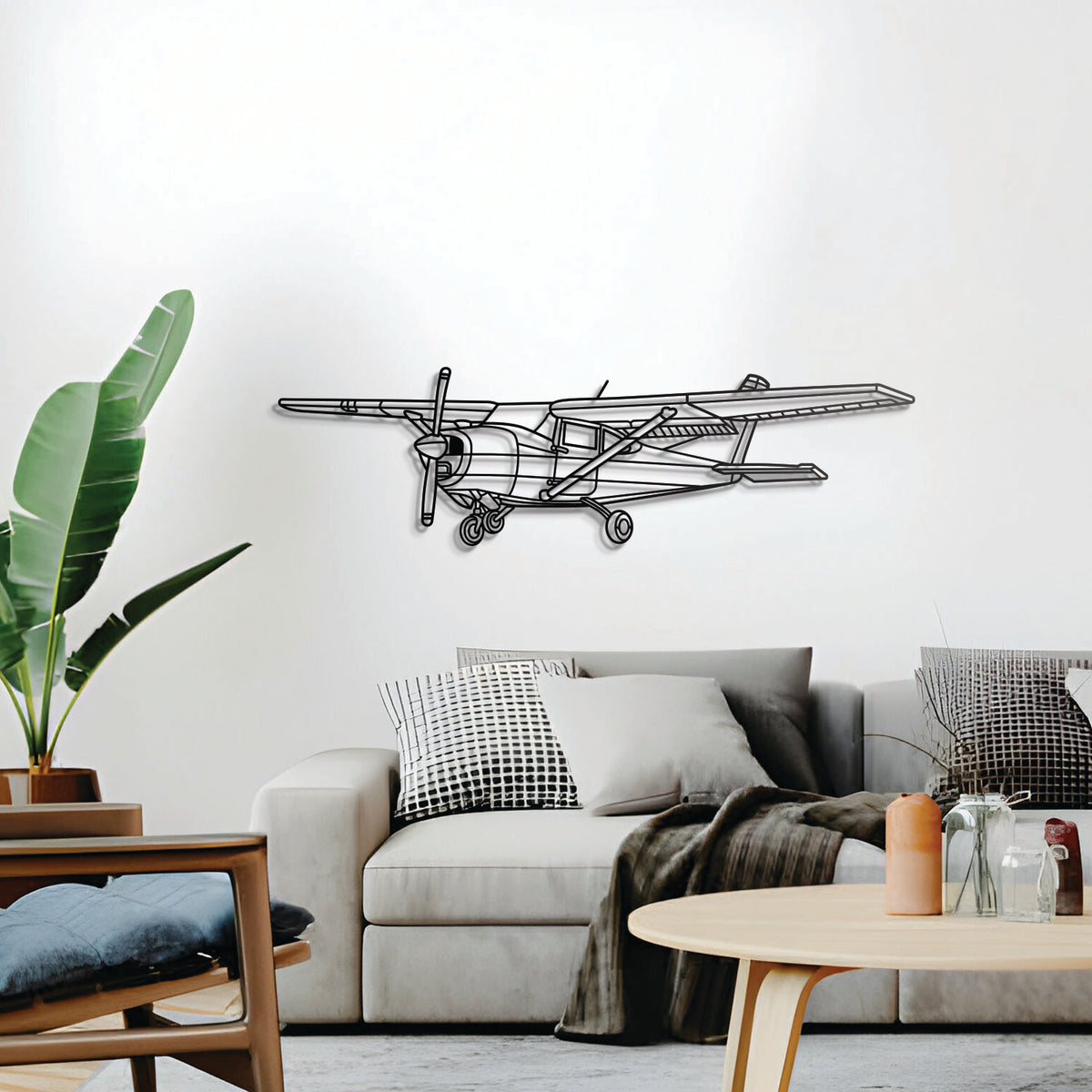 182 Skylane aircraft wall décor, textured matte steel elevated 1 cm via spacers for sleek floating aviation design