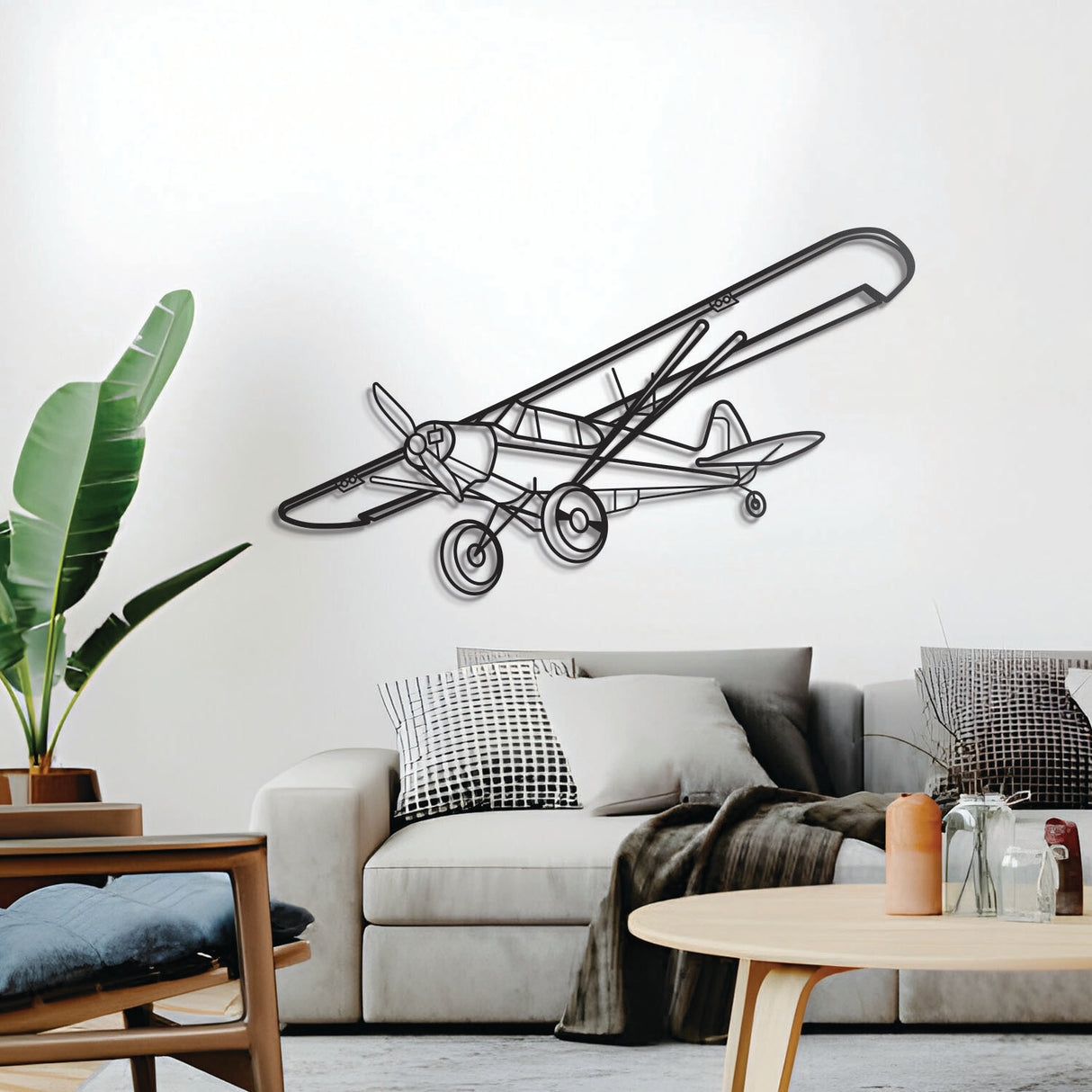 Super Cub utility aircraft metal wall décor – minimalist single-engine taildragger silhouette in textured steel