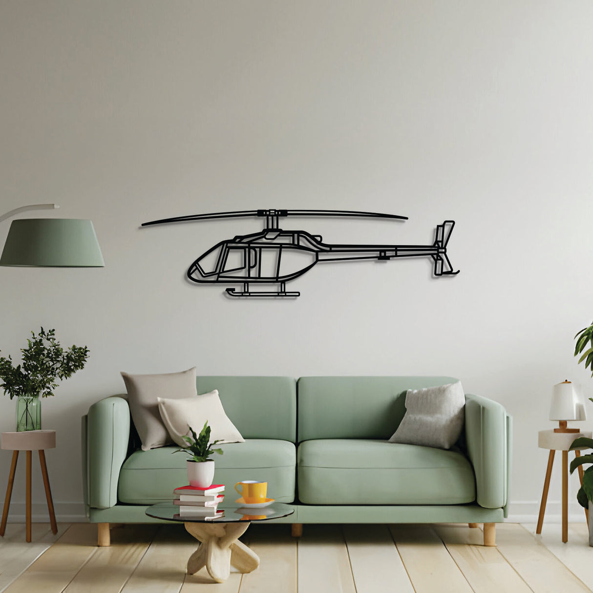 2 mm steel 505 Jet Ranger X wall art, textured matte finish, floats ~1 cm off wall for dramatic 3D depth