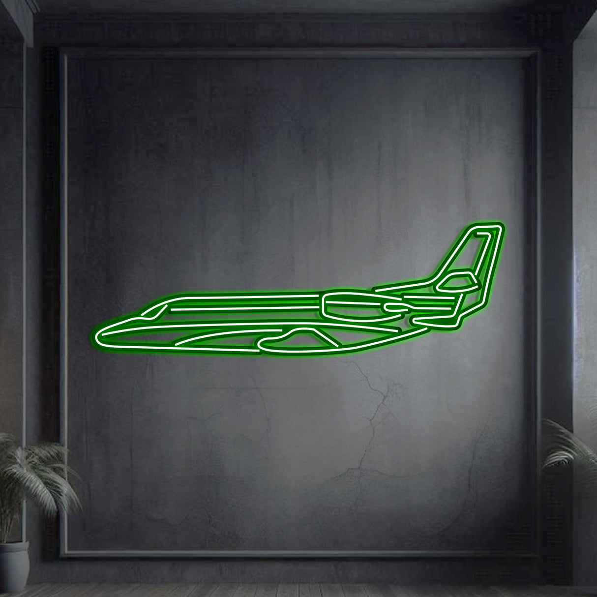 Neon‑lit Citation XLS silhouette, textured matte steel with floating neon frame for immersive 3D depth