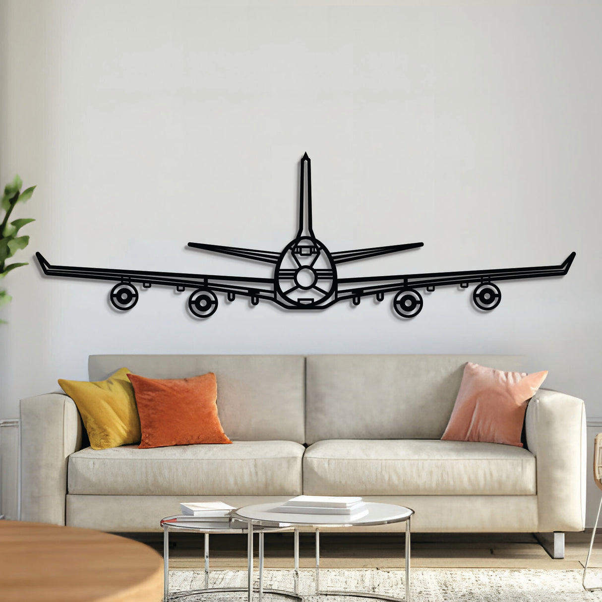 Boeing 747 jumbo jet front-view wall art, laser‑cut 2 mm steel with matte textured fin