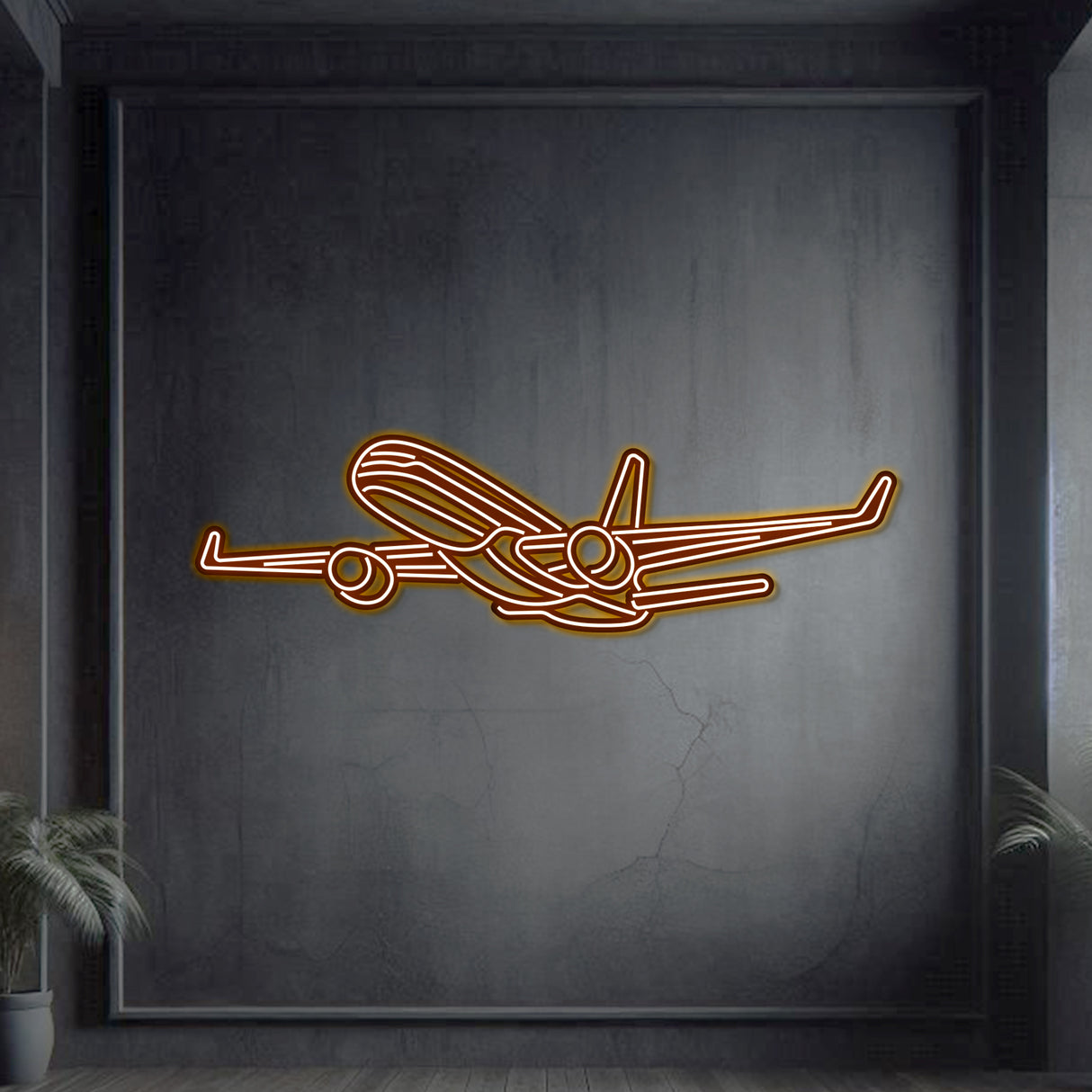 757-200 Angle neon wall décor, textured matte steel lifted 1 cm for stylish floating aviation design