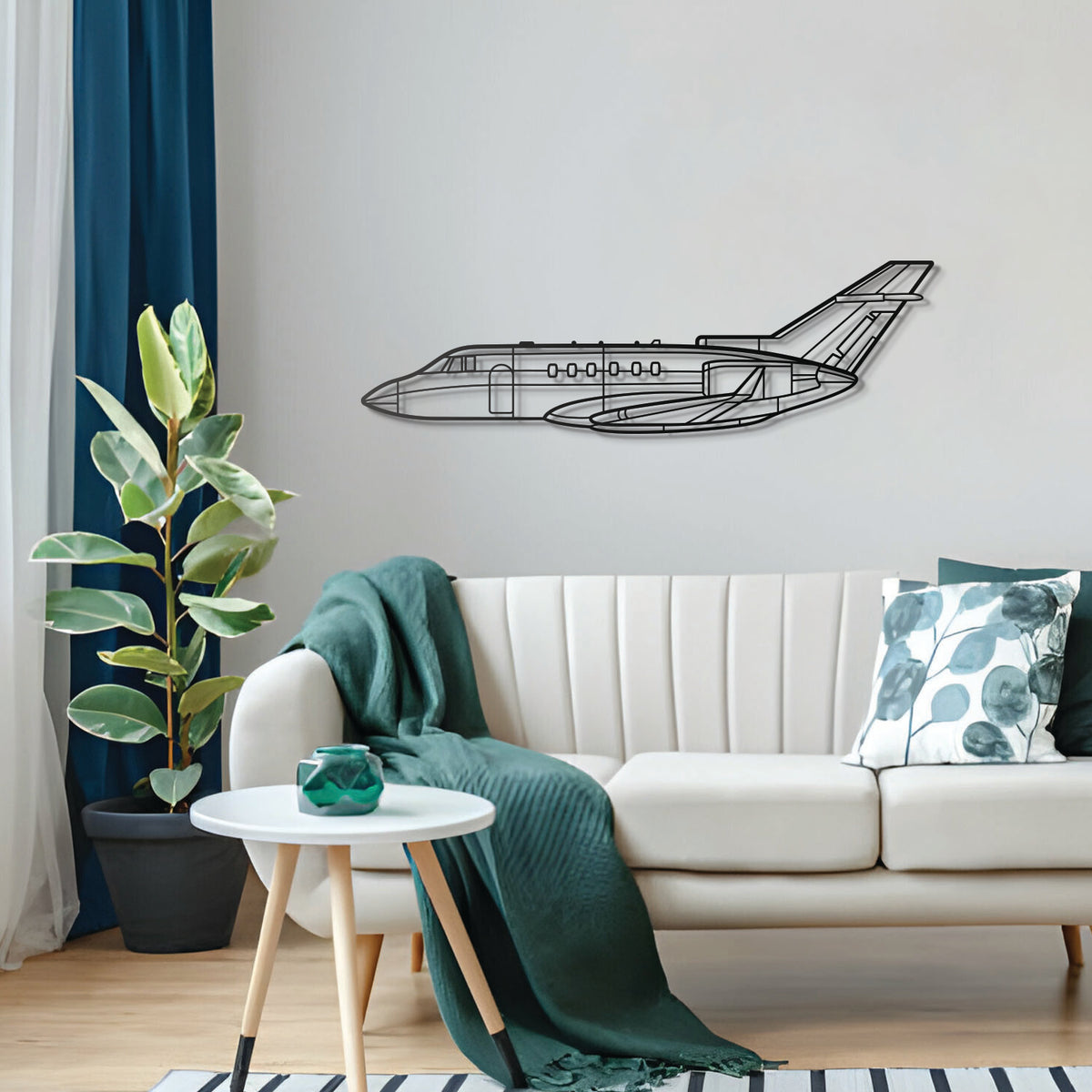 Sleek Hawker 800XP airplane wall art – textured and dyed steel with matte finish, blends seamlessly with modern interiors