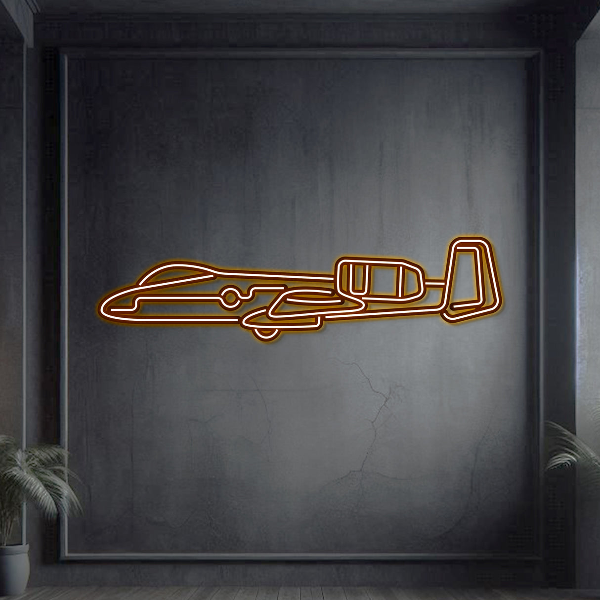 A-10 Thunderbolt 2 neon aircraft decor, textured matte steel, lifted 1 cm for sleek floating look
