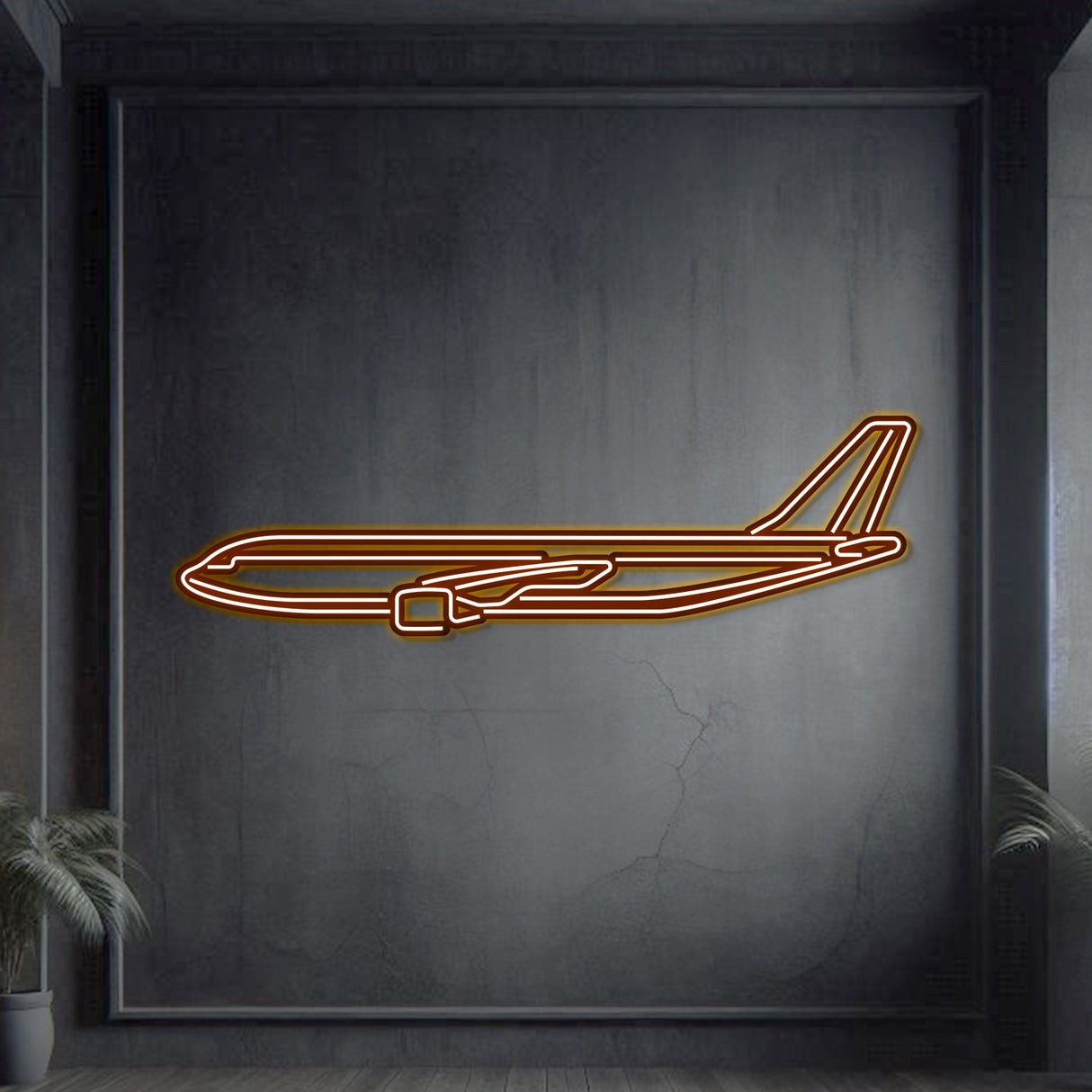 A300-600F neon aircraft wall decor, textured matte steel lifted 1 cm for sleek 3D floating look