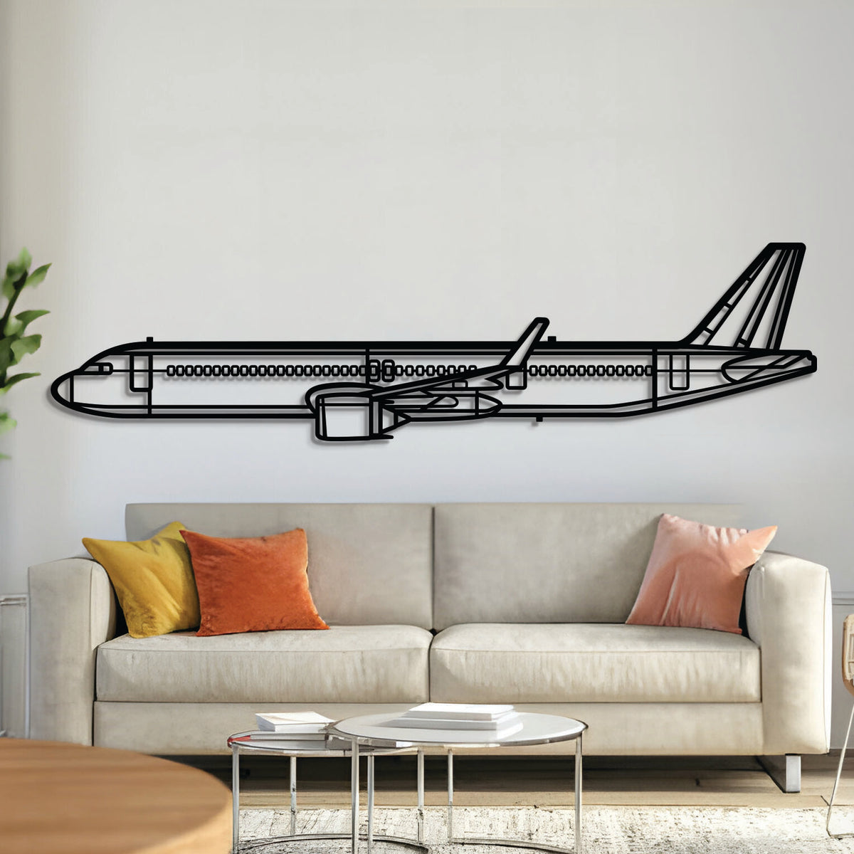 Airbus A321‑251NX front-view airliner wall art, laser‑cut 2 mm steel with matte textured finish and dramatic 3D elevation