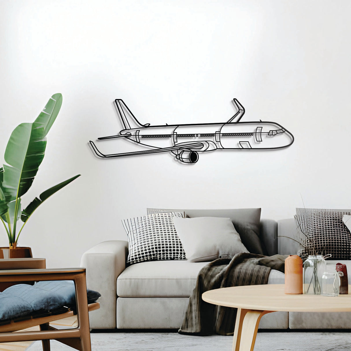 Modern Airbus A321 Neo silhouette in metal – elevation screws lift the piece 1 cm from wall for 3D effect