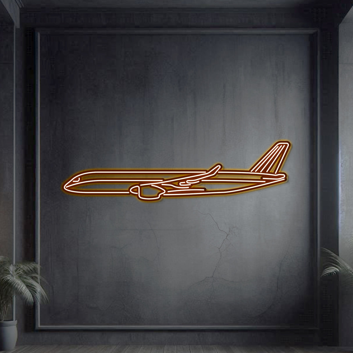 A350 neon airliner wall décor in textured matte steel, raised 1 cm for stylish floating look