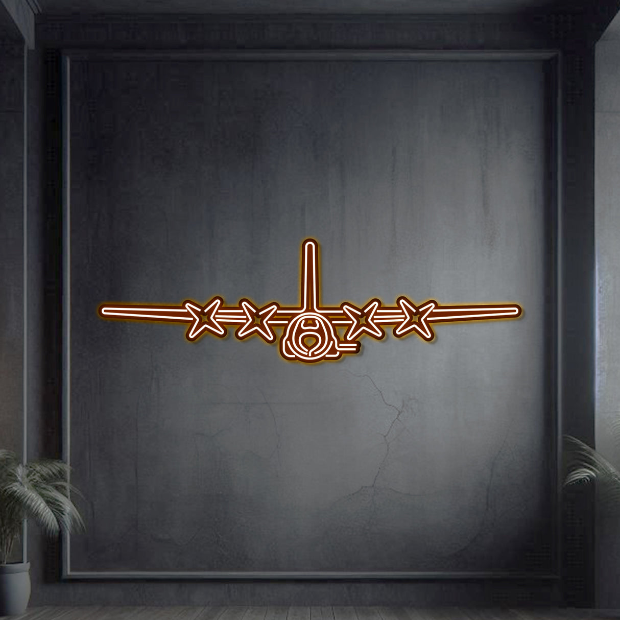 AC-130U neon gunship wall art, textured matte steel, raised 1 cm for floating 3D look