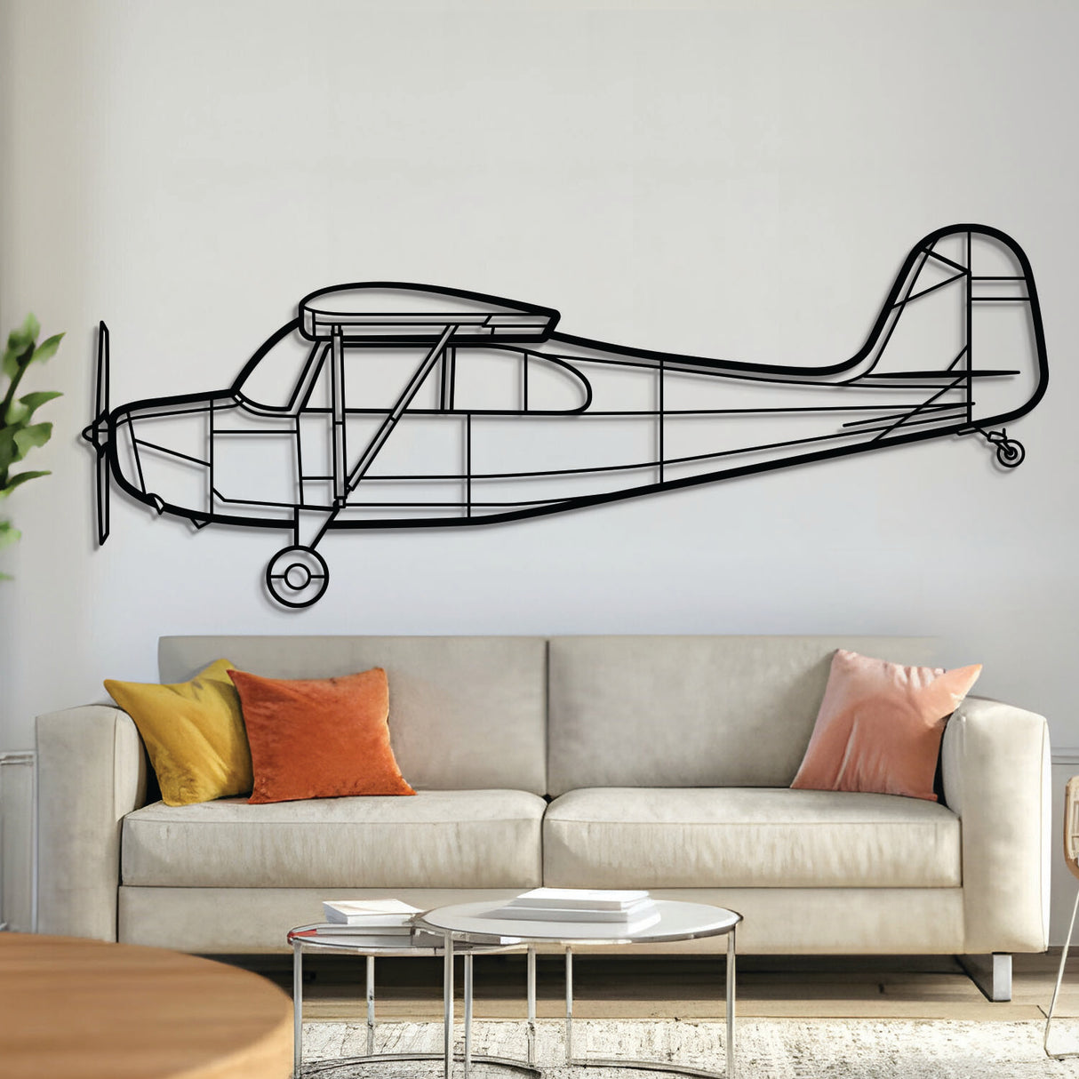 Aeronca 7AC Champ light aircraft metal wall art – laser-cut matte black steel silhouette of vintage high-wing trainer