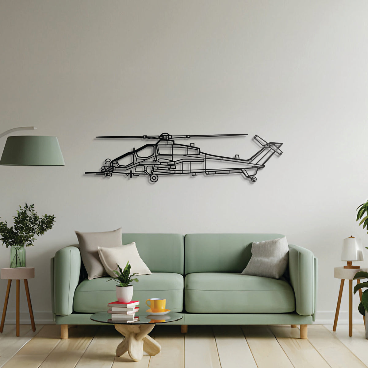 Mangusta A129D metal wall décor – precision laser-cut attack helicopter profile floating slightly off the wall, honoring Italy’s versatile all-weather combat rotorcraft