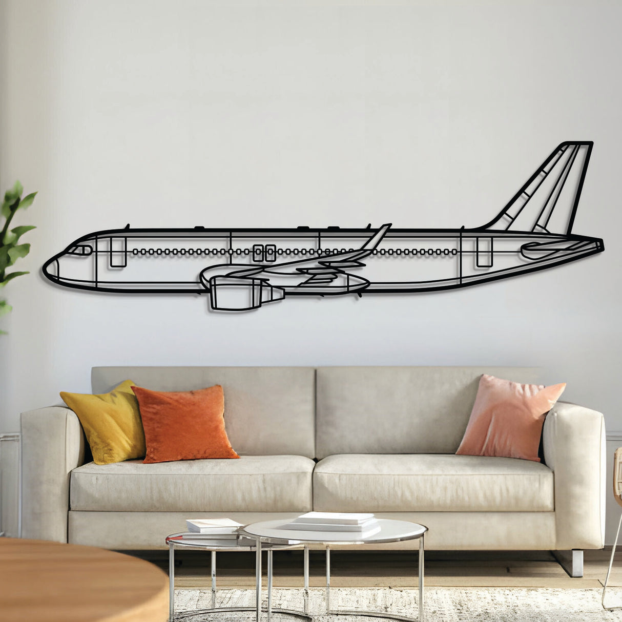 Airbus A320 airliner silhouette — laser-cut matte black steel wall art with floating 3D effect