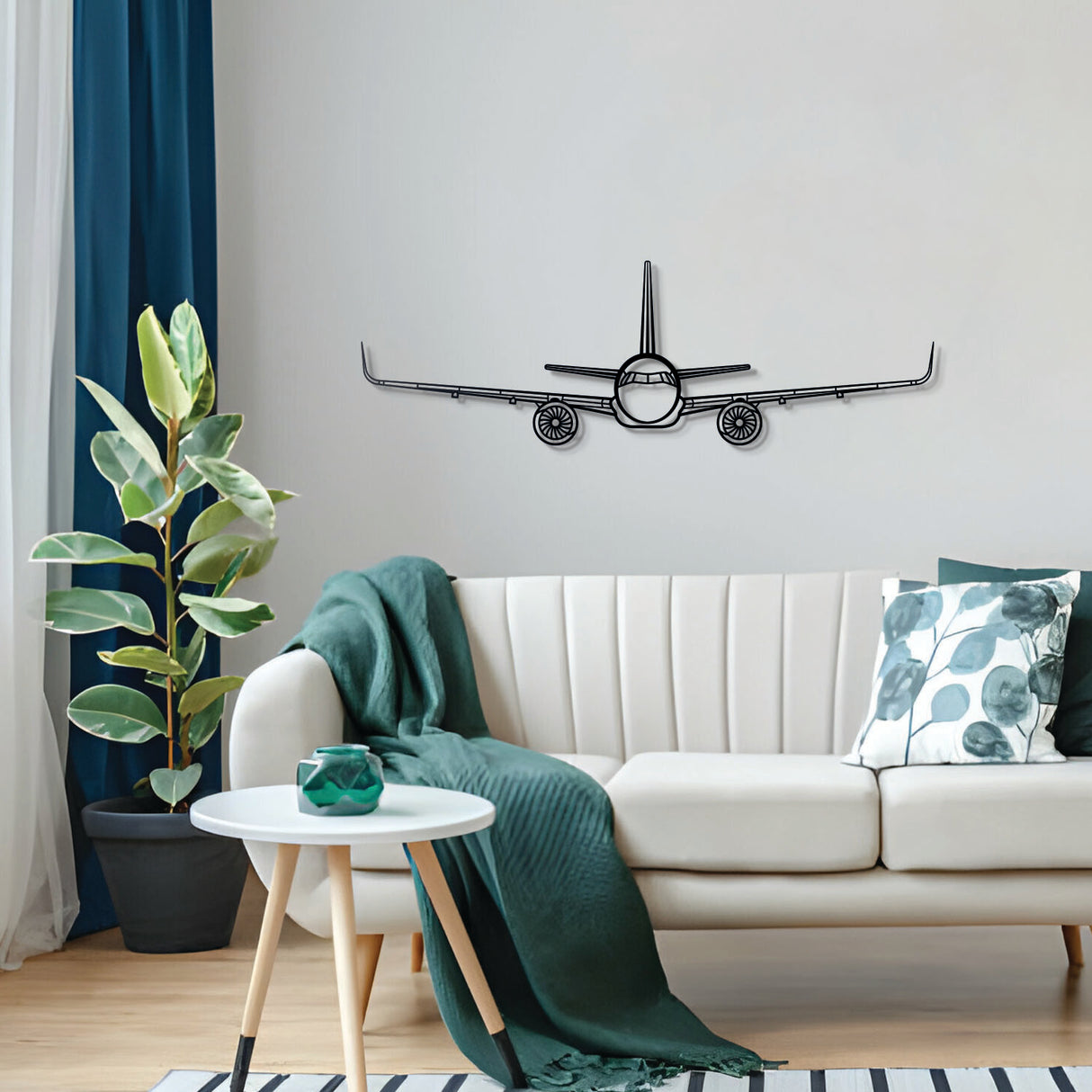 Minimalist Airbus A321 front metal silhouette — subtly elevated off the wall for added depth