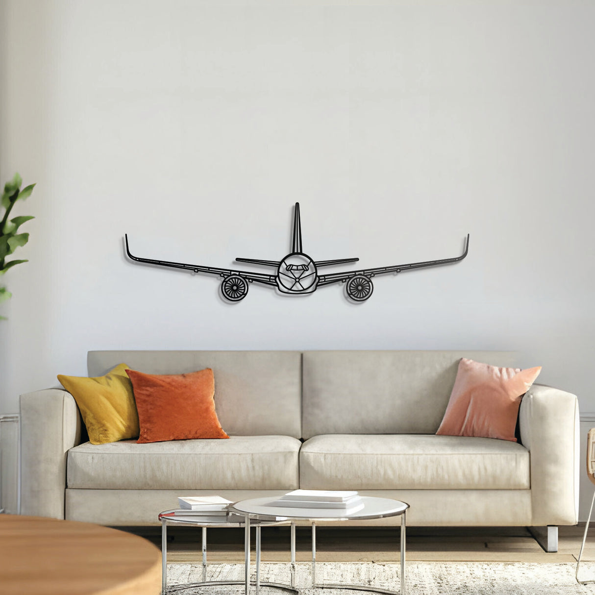 Airbus A350 front silhouette — laser-cut black metal wall art with floating 3D effect