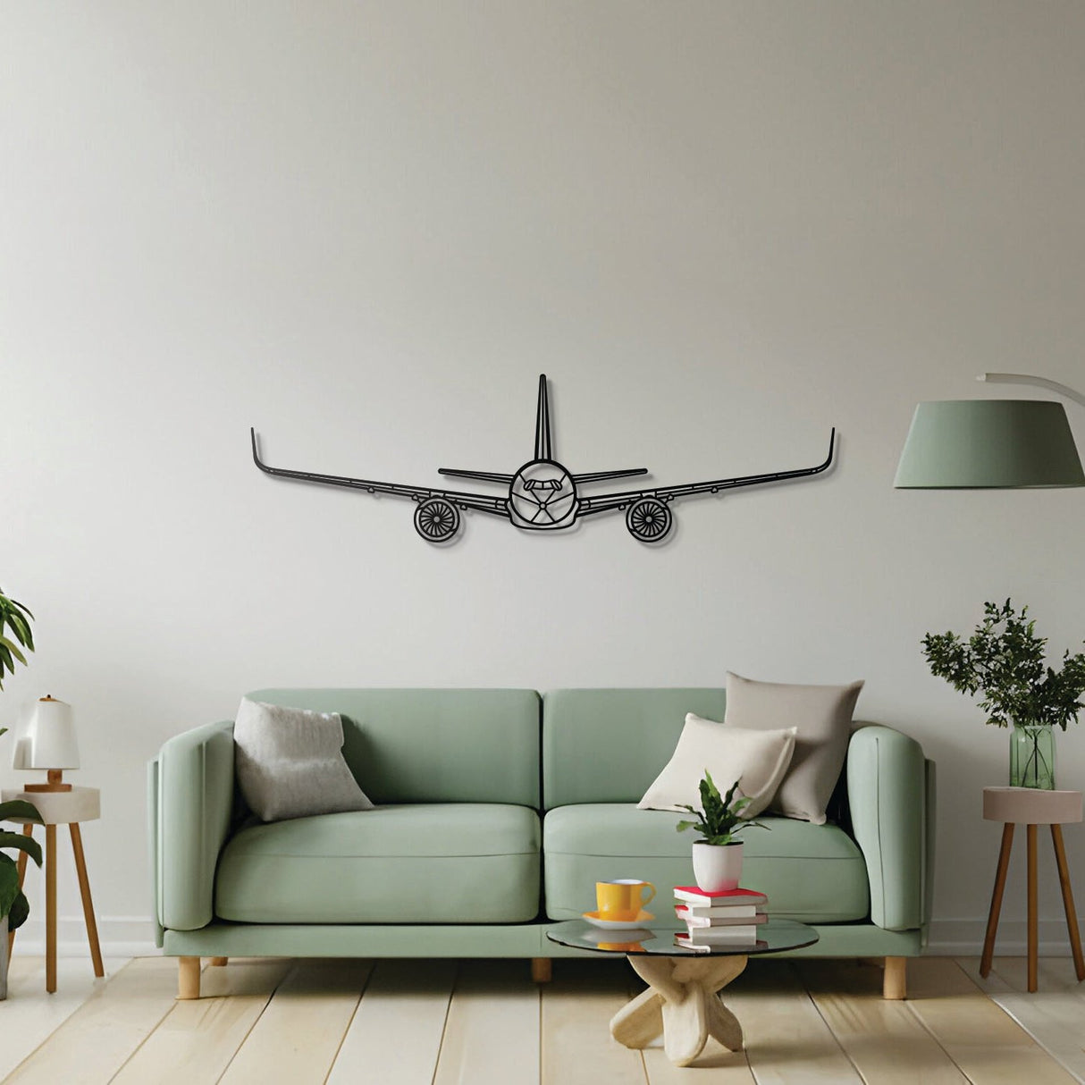 A350 airliner front view wall décor in textured matte steel for aviation interiors