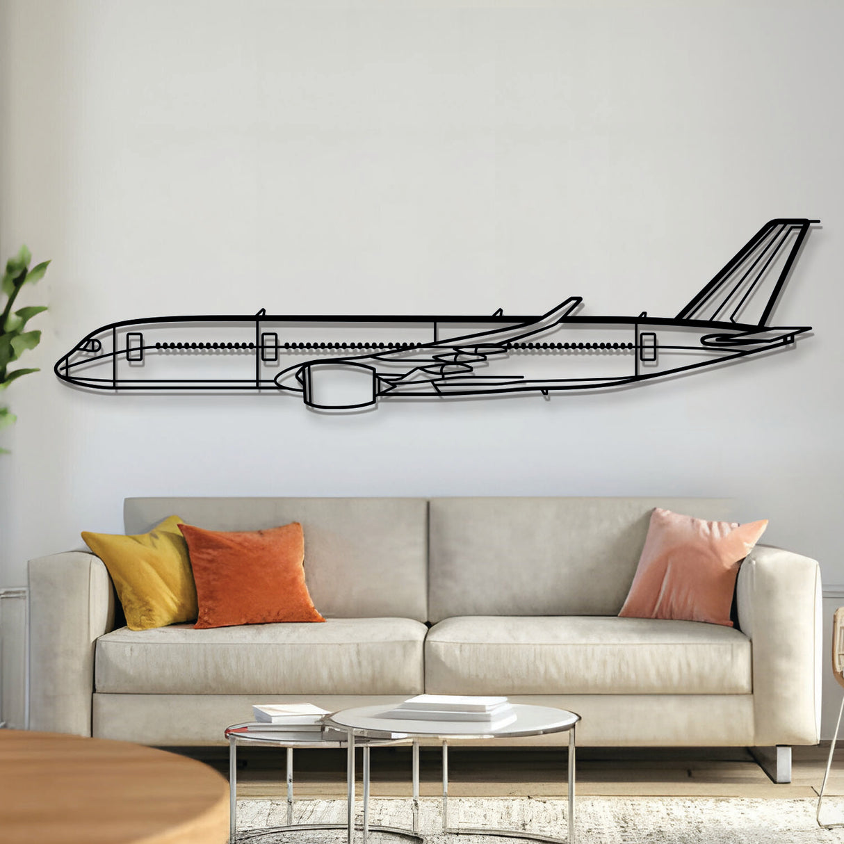 Airbus A350 airliner silhouette — laser-cut black metal wall art with subtle floating effect