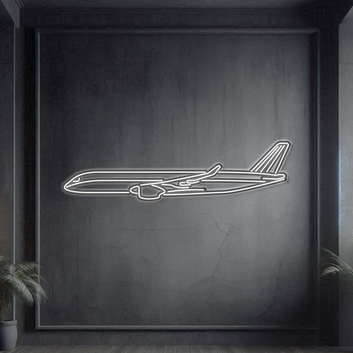 A350 metal neon aircraft wall art, laser-cut 2 mm steel with matte powder coat and 3D floating effect