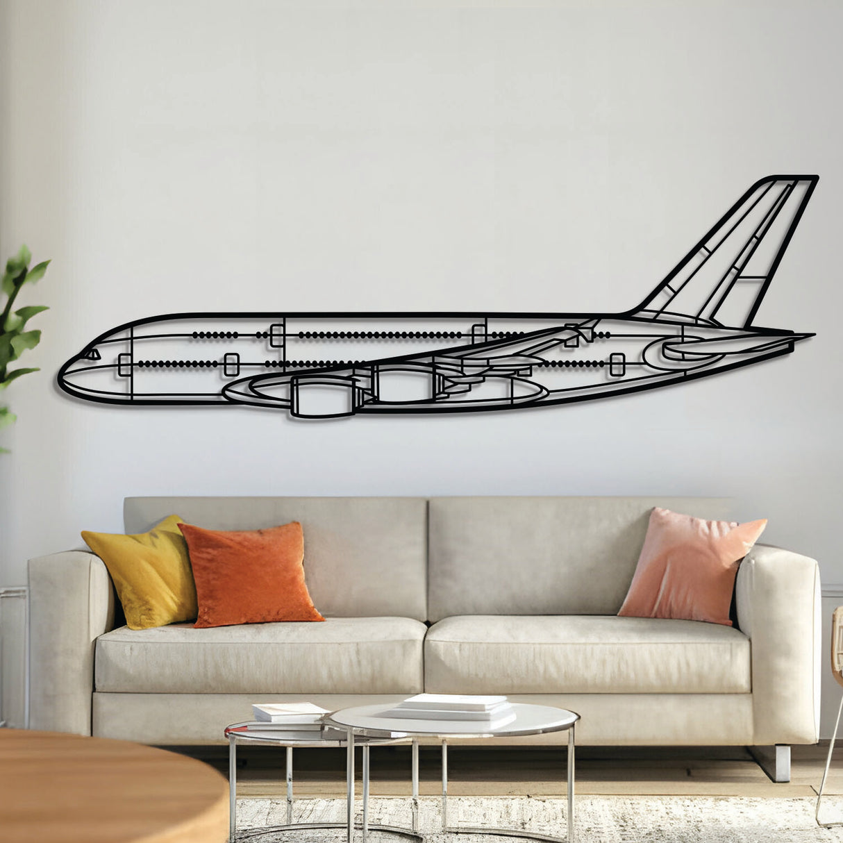Airbus A380-800 double-deck airliner silhouette — laser-cut black metal wall art with floating effect