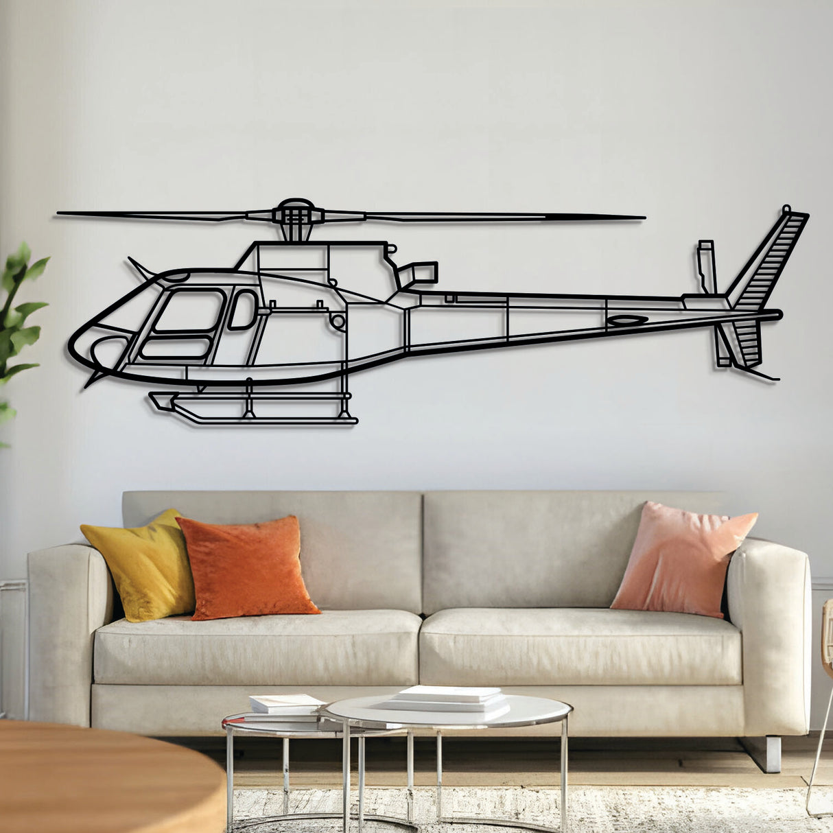Airbus AS‑350 B3 single‑engine helicopter silhouette — laser‑cut black metal wall art with subtle floating effect