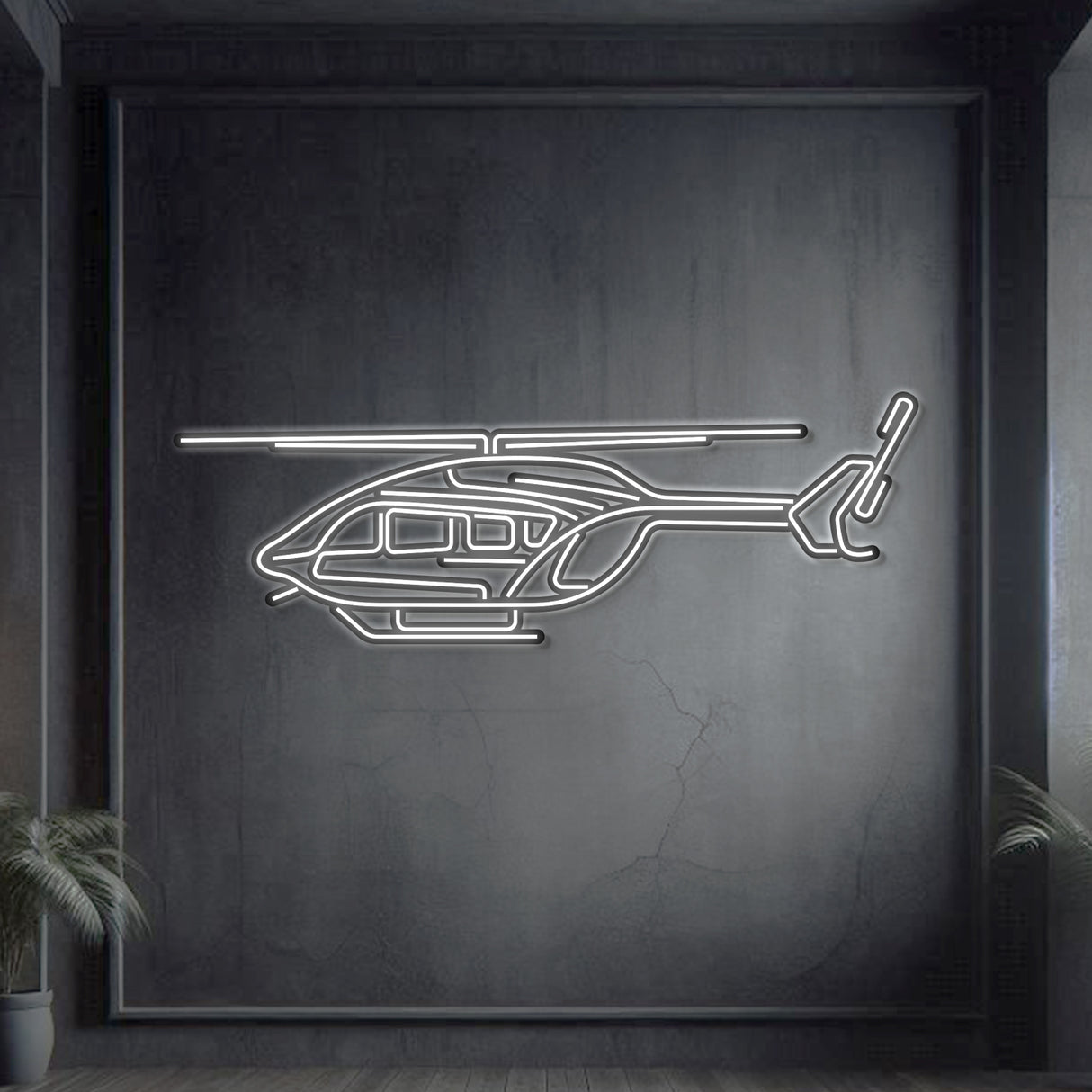 Airbus EC145 twin‑engine helicopter neon silhouette wall art, laser‑cut steel with glowing outline and dramatic 3D elevation