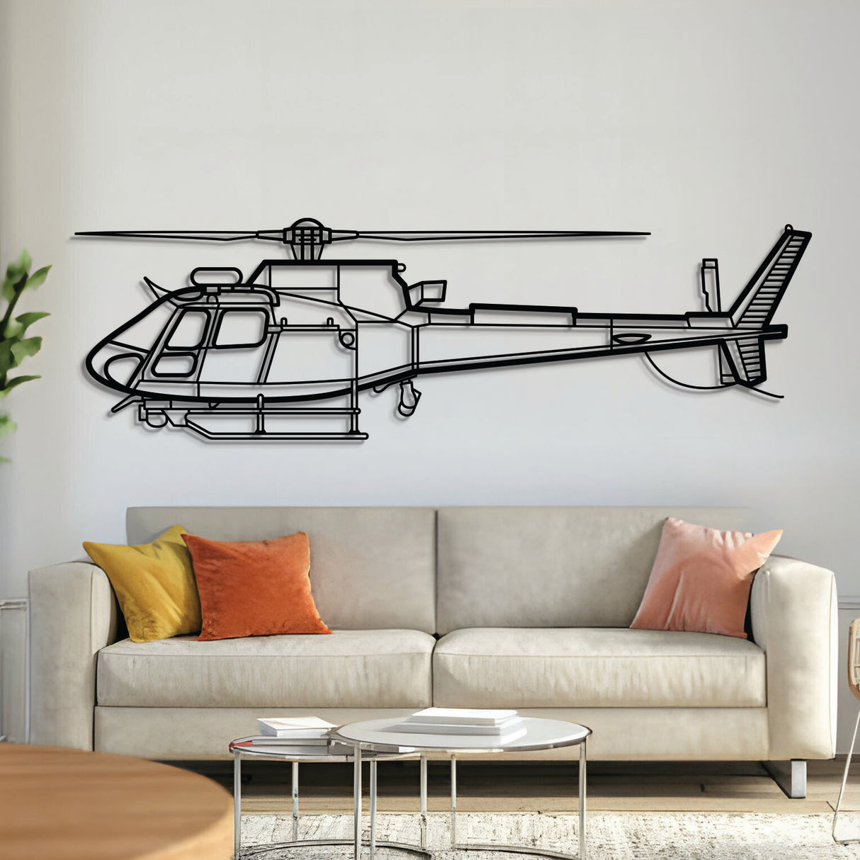 H125E helicopter metal wall art – laser-cut steel silhouette with matte textured finish and floating 3D effect
