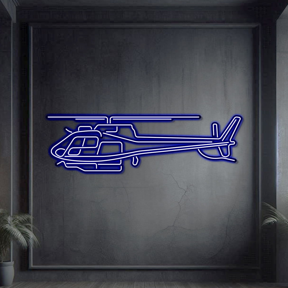 Neon‑lit Airbus H125 silhouette wall art, textured steel with floating neon frame for captivating 3D depth