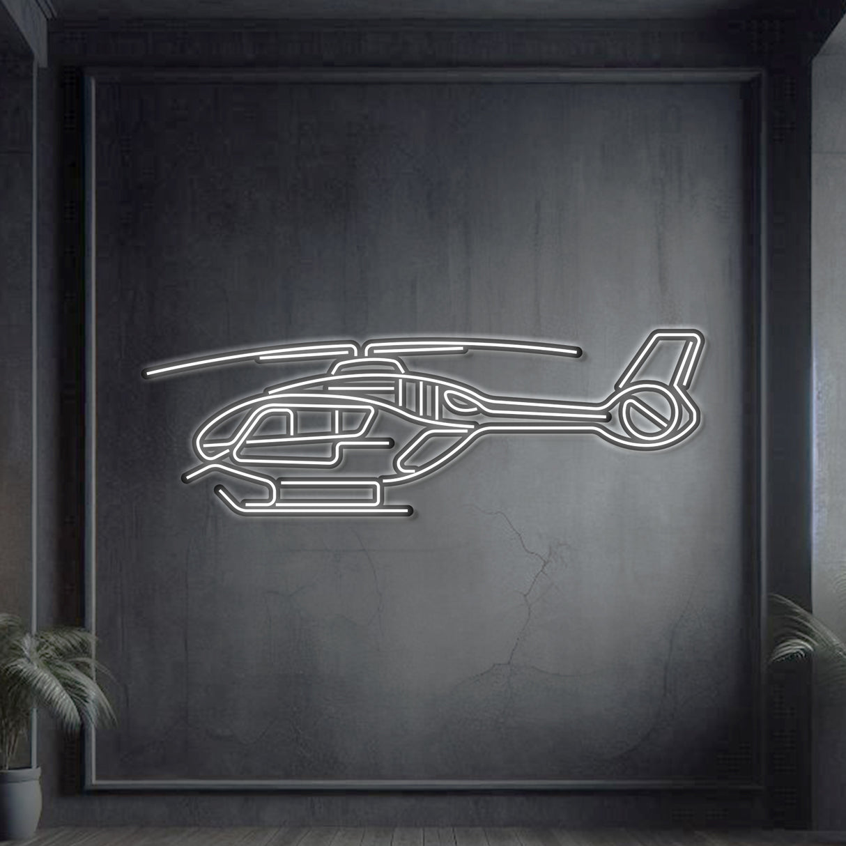 Airbus Juno HT1 RAF training helicopter neon silhouette wall art — laser-cut steel with glowing neon outline and bold 3D elevation