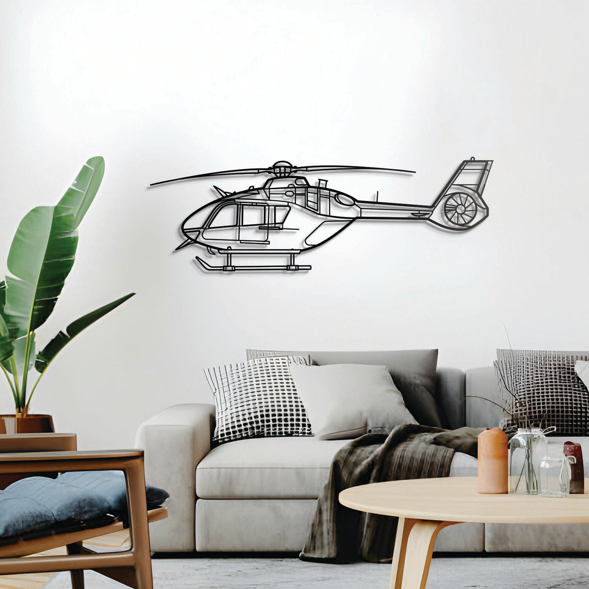 Juno HT1 wall décor – elevated slightly off the wall using spacers to create a sleek 3D shadow effect of its streamlined twin‑engine rotorcraft form