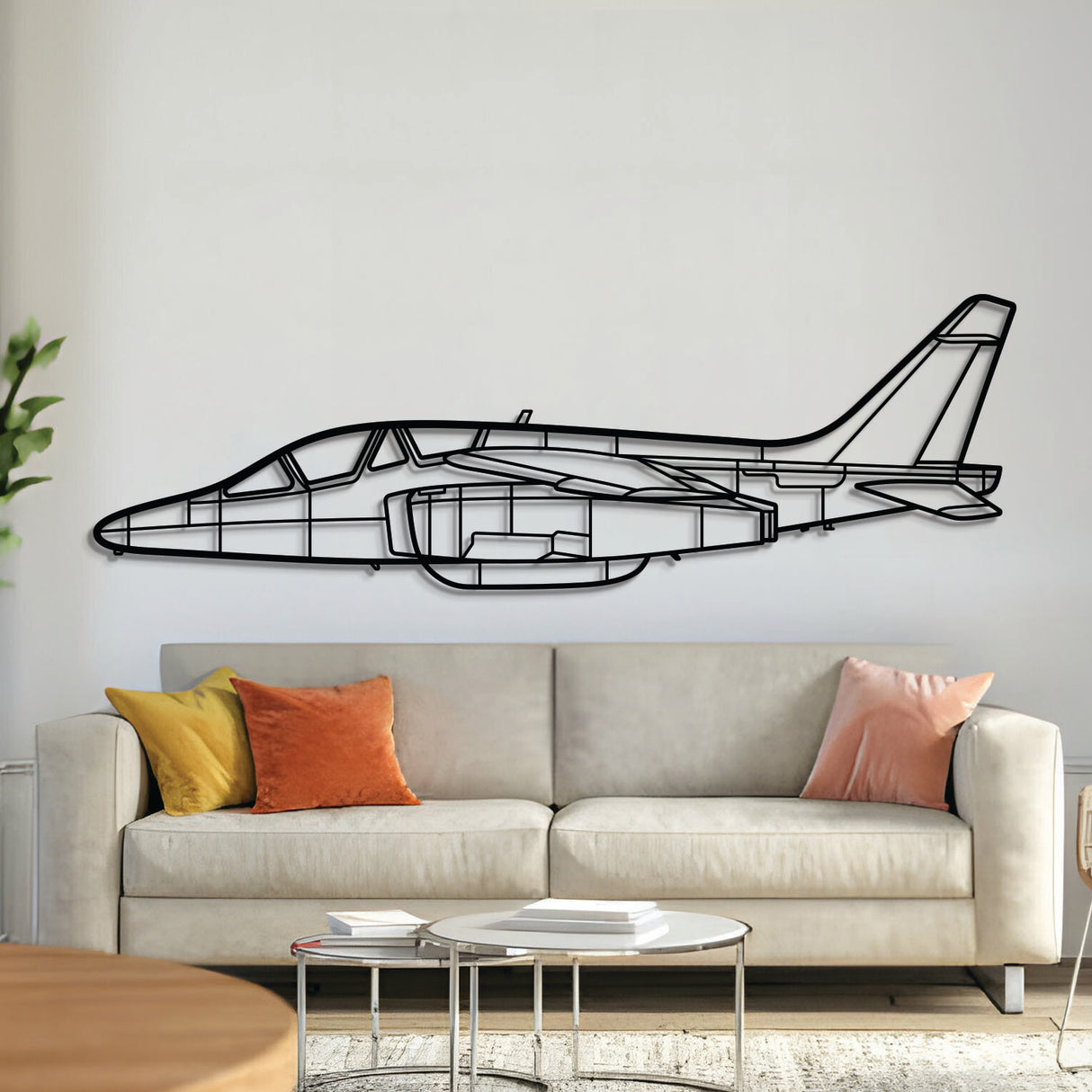 Alpha Jet metal aircraft wall art in 2 mm laser-cut steel with matte powder-coated textured finish and 3D elevation screws