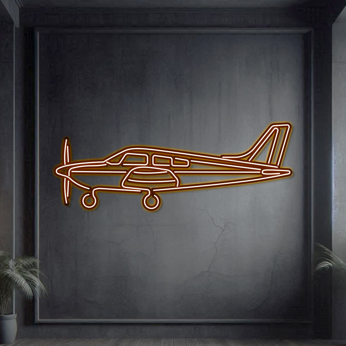 Archer LX neon aircraft wall decor, textured matte steel, raised 1 cm for floating 3D effect