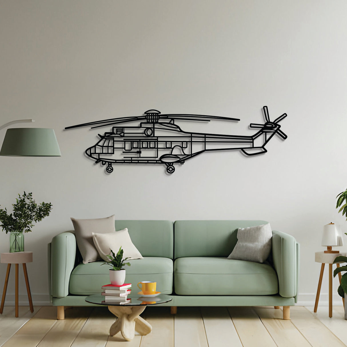 2 mm steel Super Puma wall art, powder-coated matte finish, floats ~1 cm off wall for dramatic 3D depth