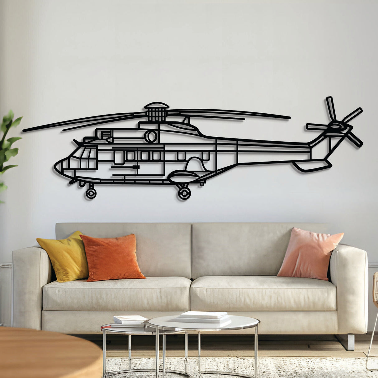 AgustaWestland AS332 Super Puma utility helicopter silhouette wall art, laser-cut 2 mm steel with matte textured finish and 3D elevation