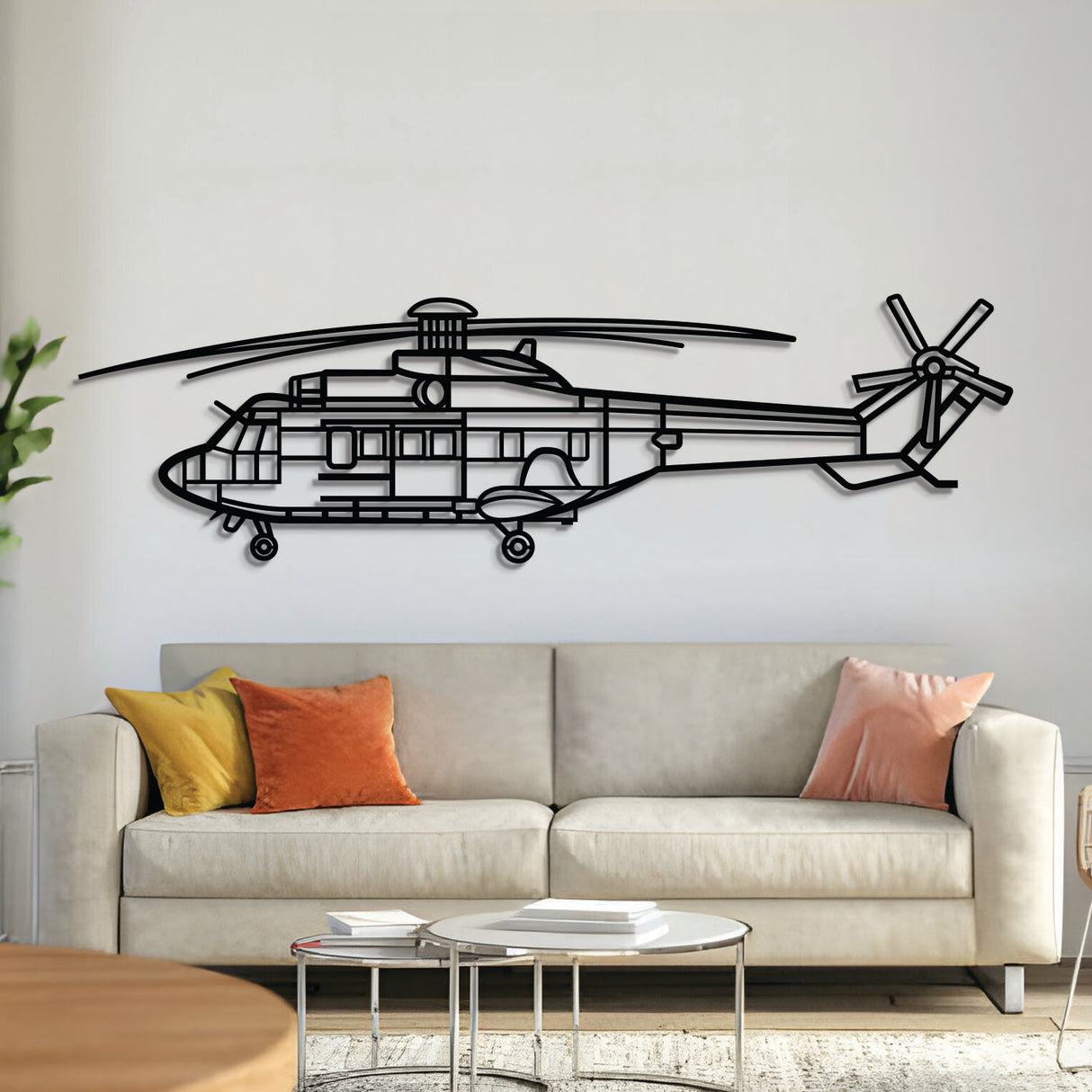 AS 332UL Super Puma utility helicopter wall art, laser‑cut 2 mm steel with matte textured finish and 3D elevation
