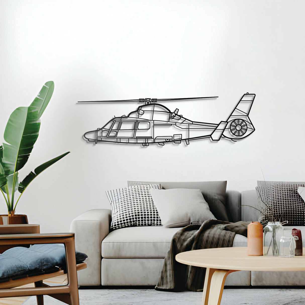 Eurocopter AS365 Dauphin silhouette wall décor – elevated 1 cm off wall via spacers for a 3D effect