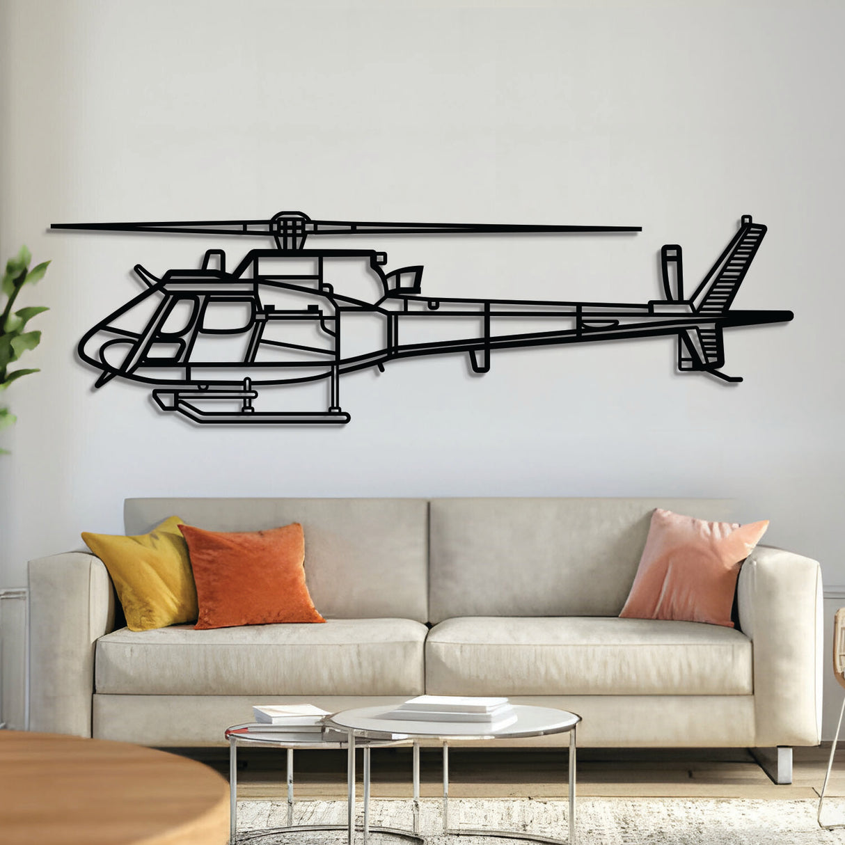 AS550 Fennec military helicopter silhouette wall art, laser‑cut 2 mm steel with matte textured finish and 3D elevation