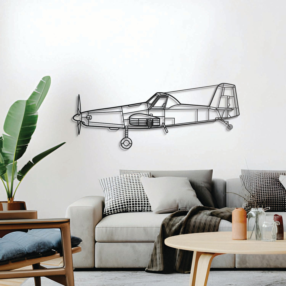 AT‑500 aircraft wall décor, textured matte steel elevated 1 cm for sleek floating aviation design