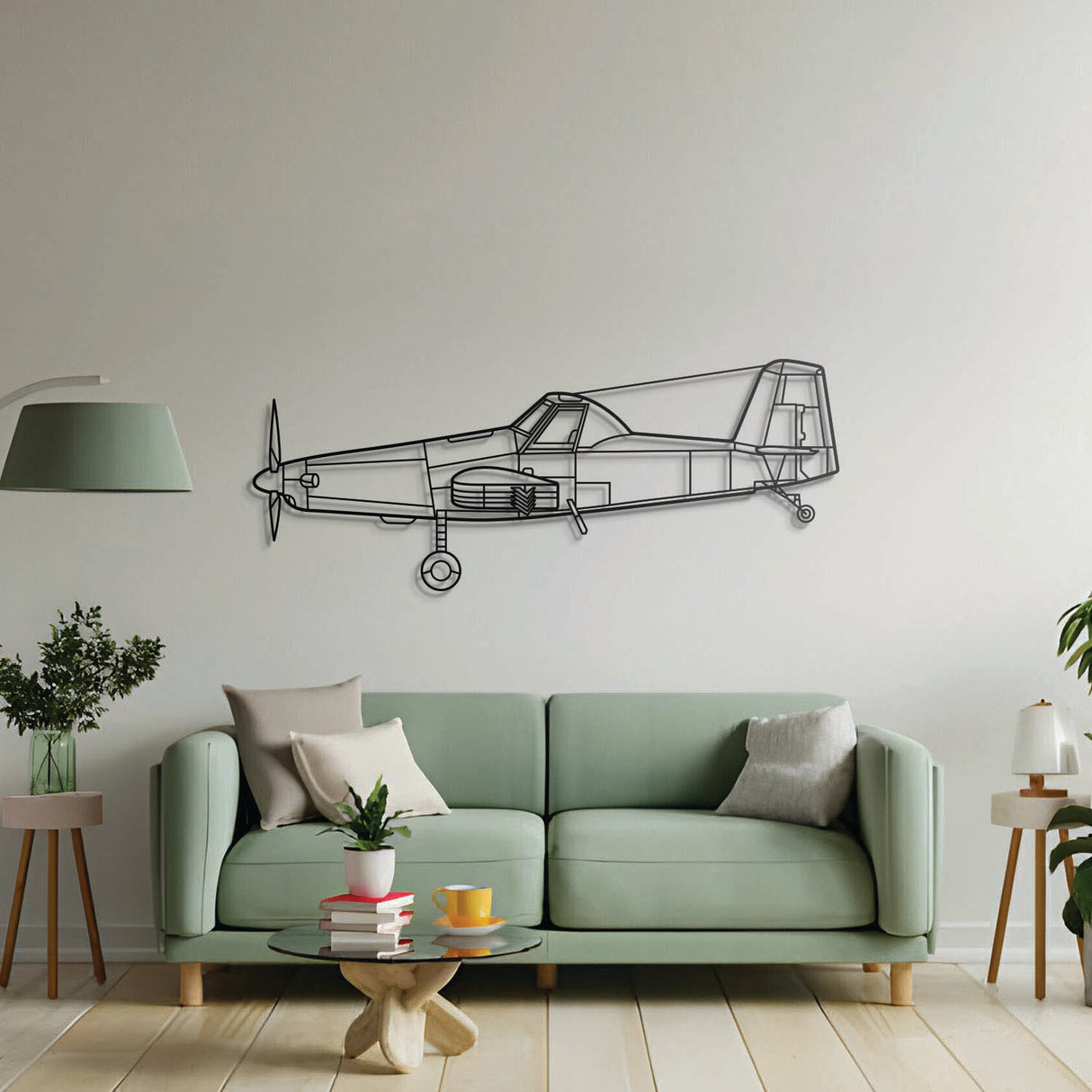 Aviation décor: AT‑500 metal wall art in matte steel with floating 3D effect—ideal for hangar or office