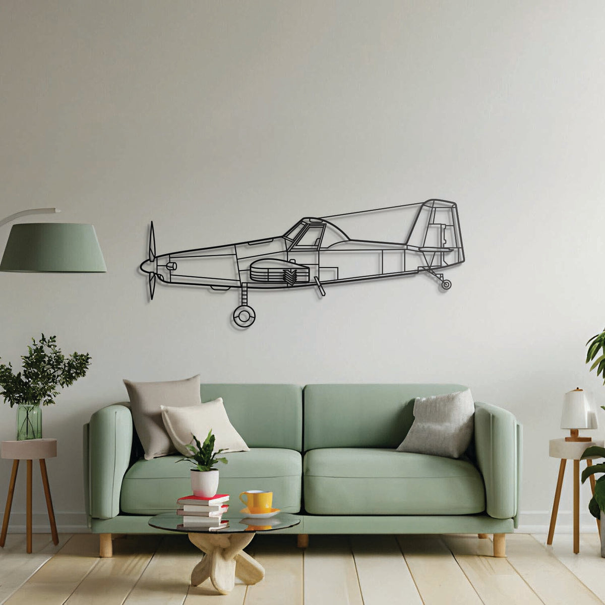 Aviation décor: AT‑500 metal wall art in matte steel with floating 3D effect—ideal for hangar or office