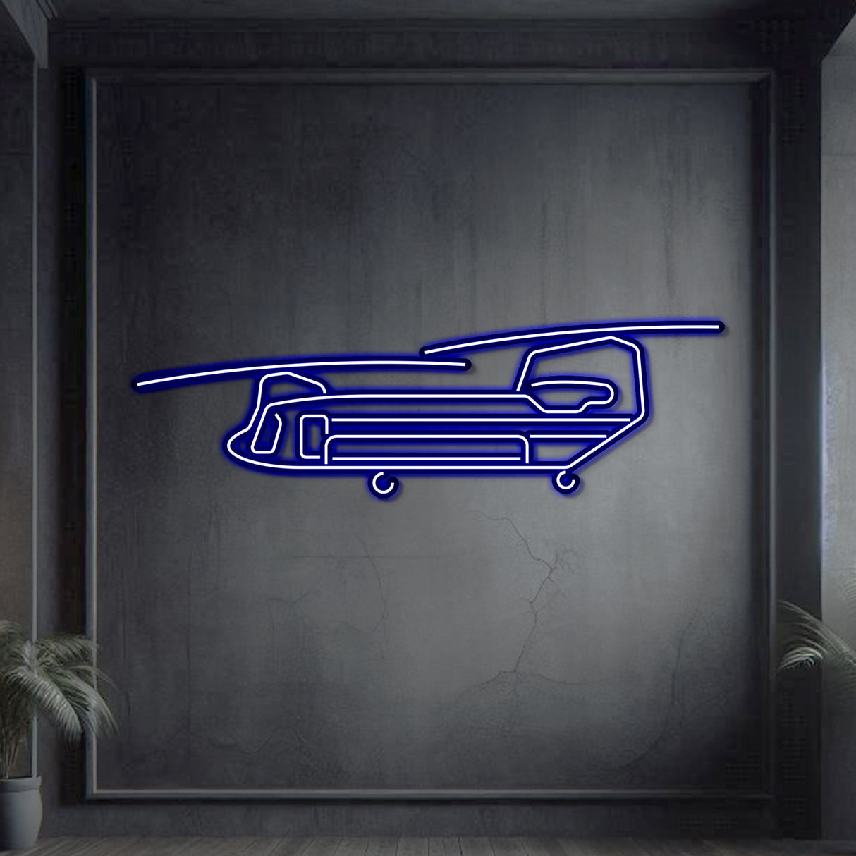 Neon‑lit Chinook silhouette, textured matte steel with elevated neon frame for immersive 3D depth