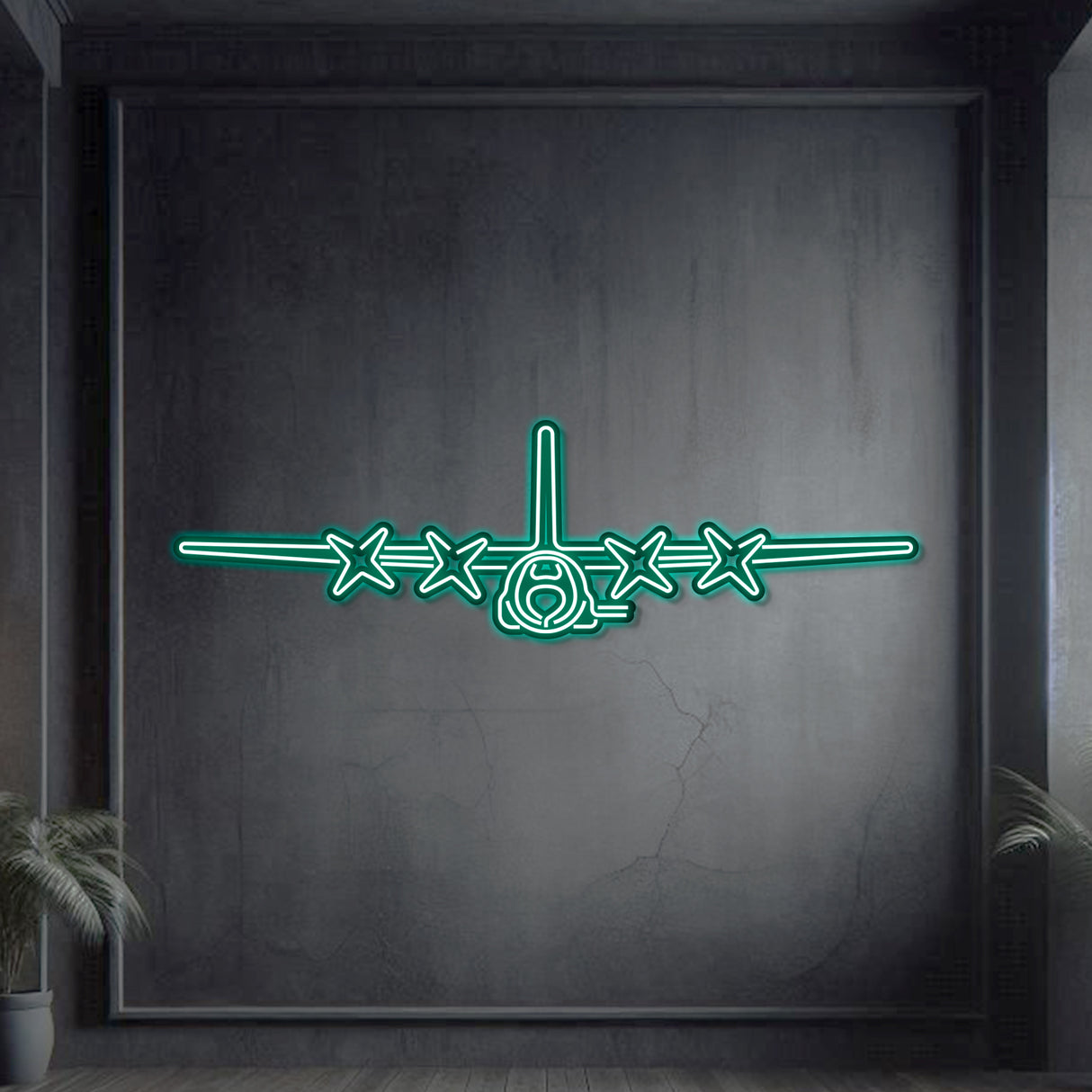 AC-130U metal neon wall art for hangar or office, matte steel, laser-cut, floating 3D effect