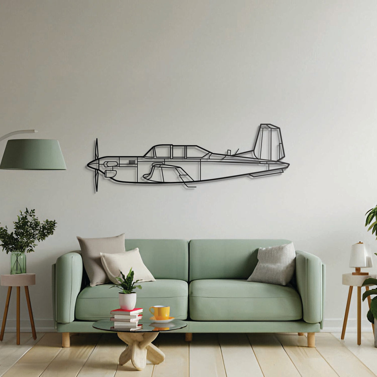 Aviation décor: T‑34C Turbo Mentor metal wall art in matte steel with 3D floating effect for hangar or office