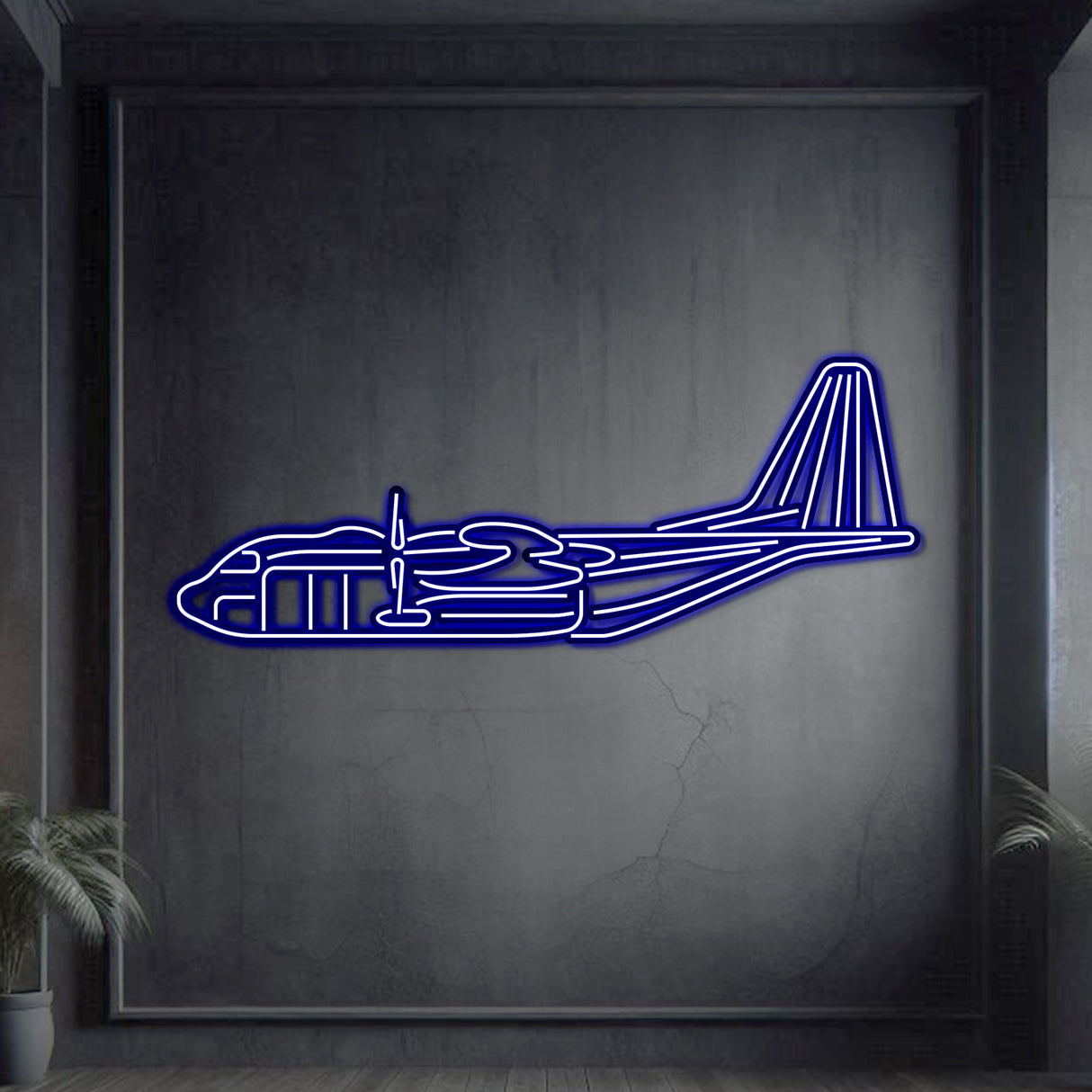 AC-130J Ghostrider gunship neon wall art, sleek matte steel, laser-cut, mounted with 3D elevation