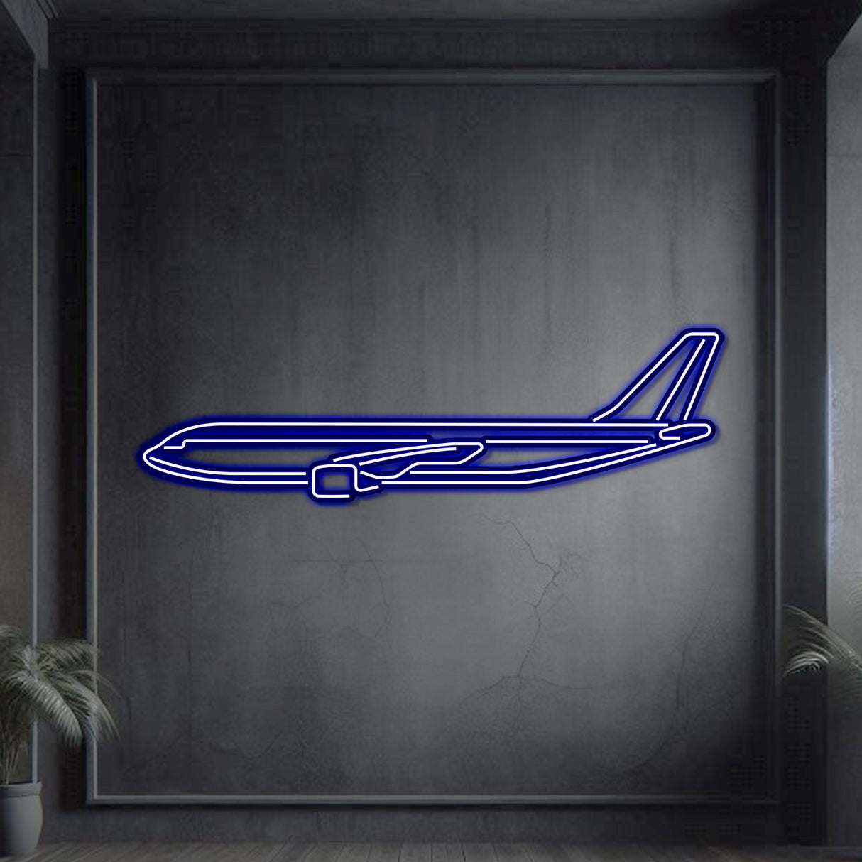 Sleek A300-600F neon aircraft wall art, laser-cut and matte-coated steel, floating 3D design