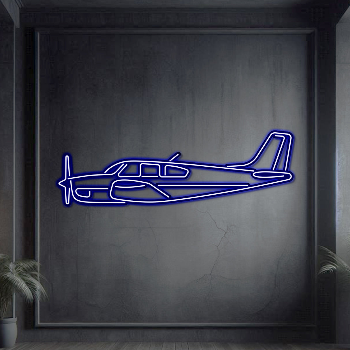 Neon-lit Beechcraft F33A silhouette in textured matte steel with floating neon frame for immersive 3D depth and elegant presence