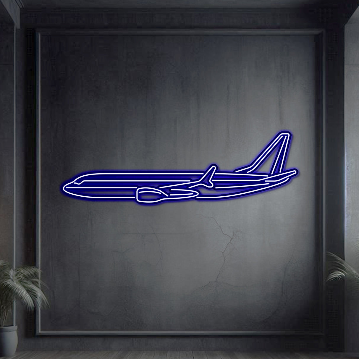 Aviation centerpiece: 737 neon wall art in laser-cut matte steel with floating 3D presence