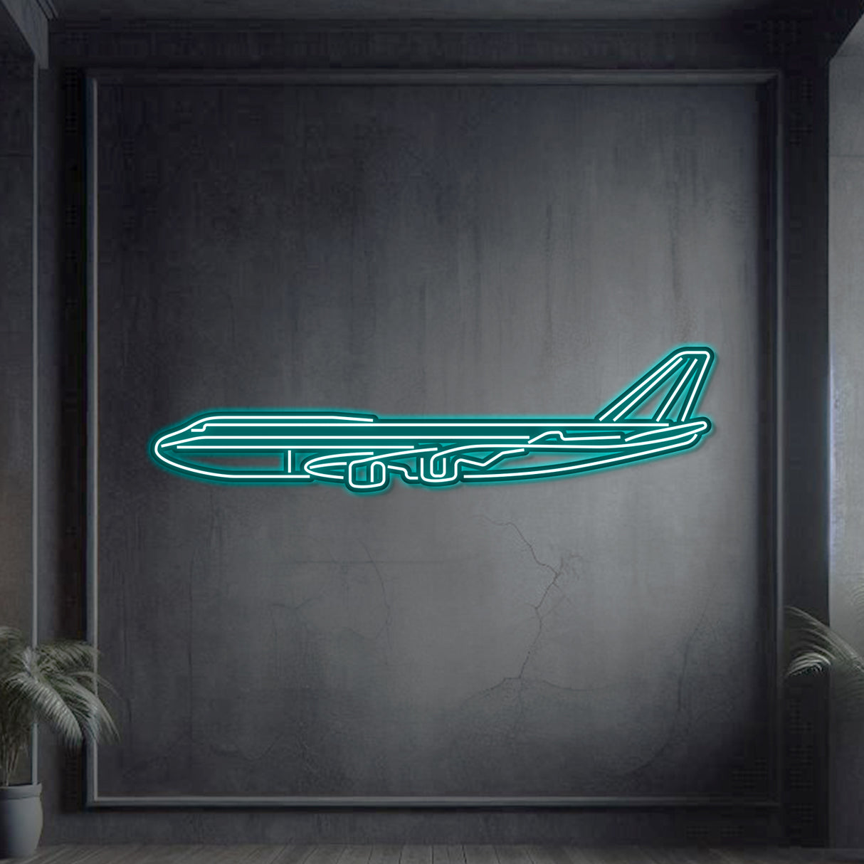 747-800 aviation neon wall décor in matte steel, laser-cut precision, floating 3D effect for modern interior