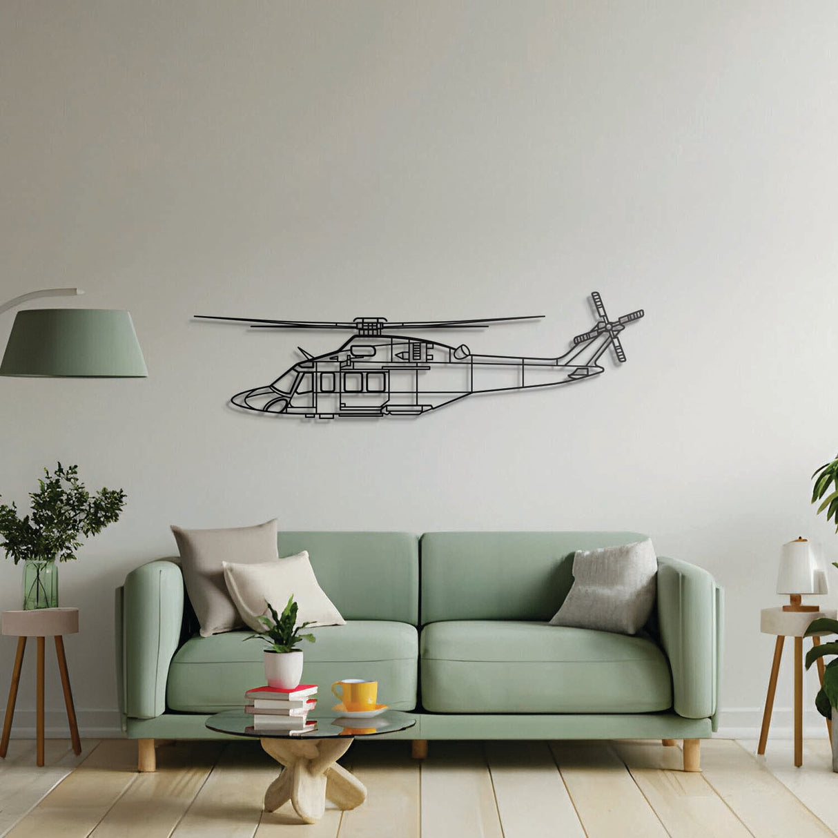 Aviation décor: AW139 metal wall art in matte steel with floating 3D effect—ideal for hangar or office