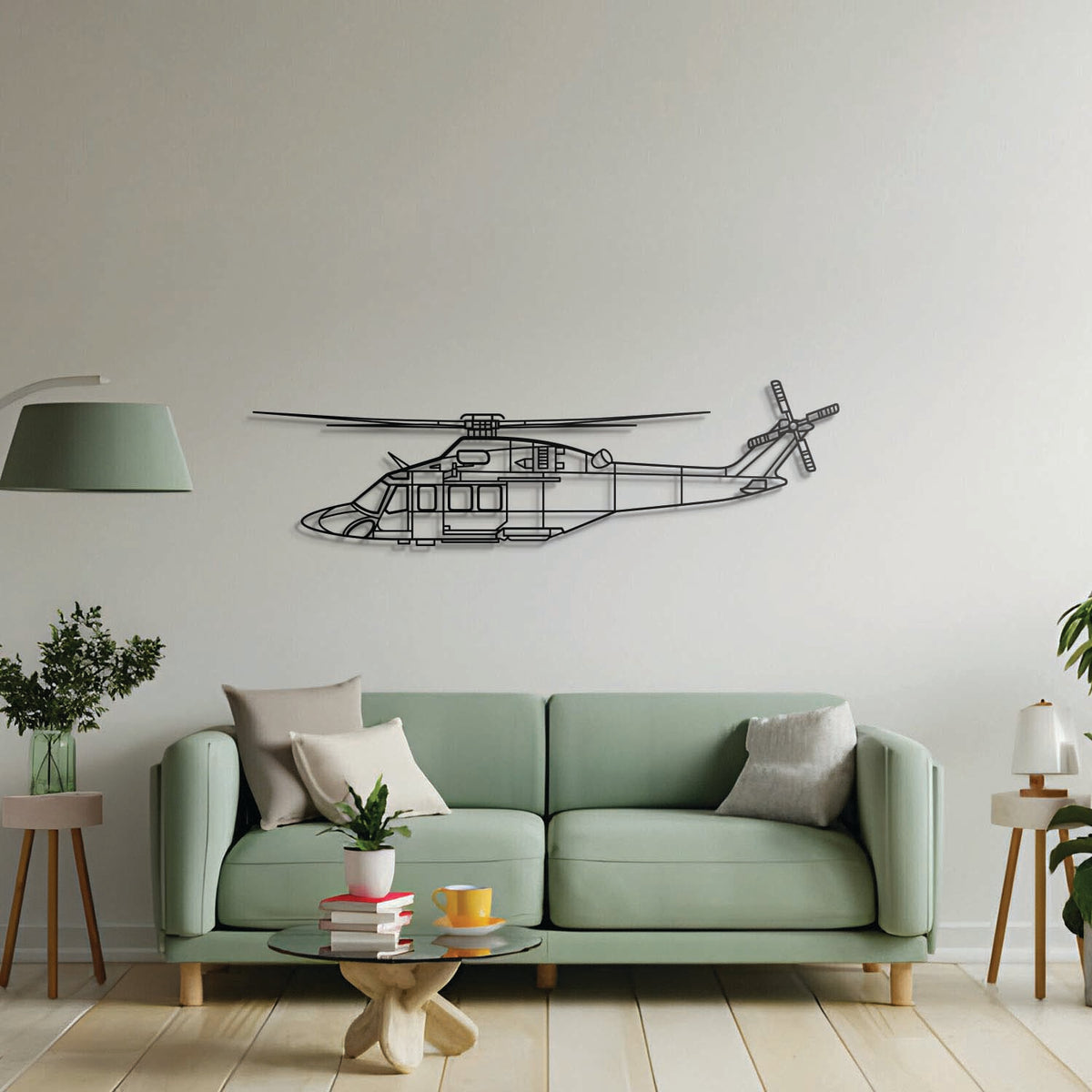 Aviation décor: AW139 metal wall art in matte steel with floating 3D effect—ideal for hangar or office