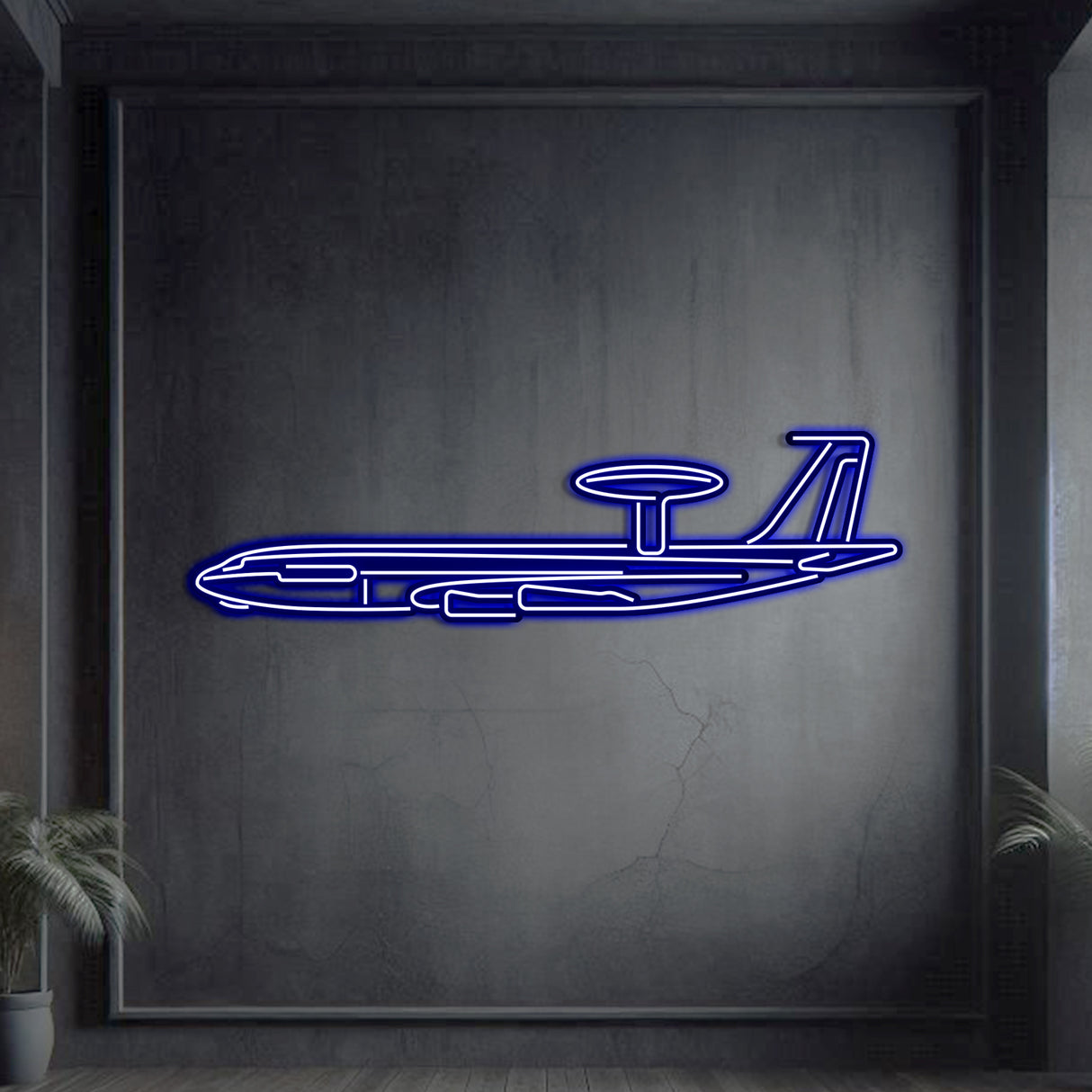 Neon‑lit E‑3 silhouette wall art, textured matte steel with floating neon frame for dramatic 3D depth